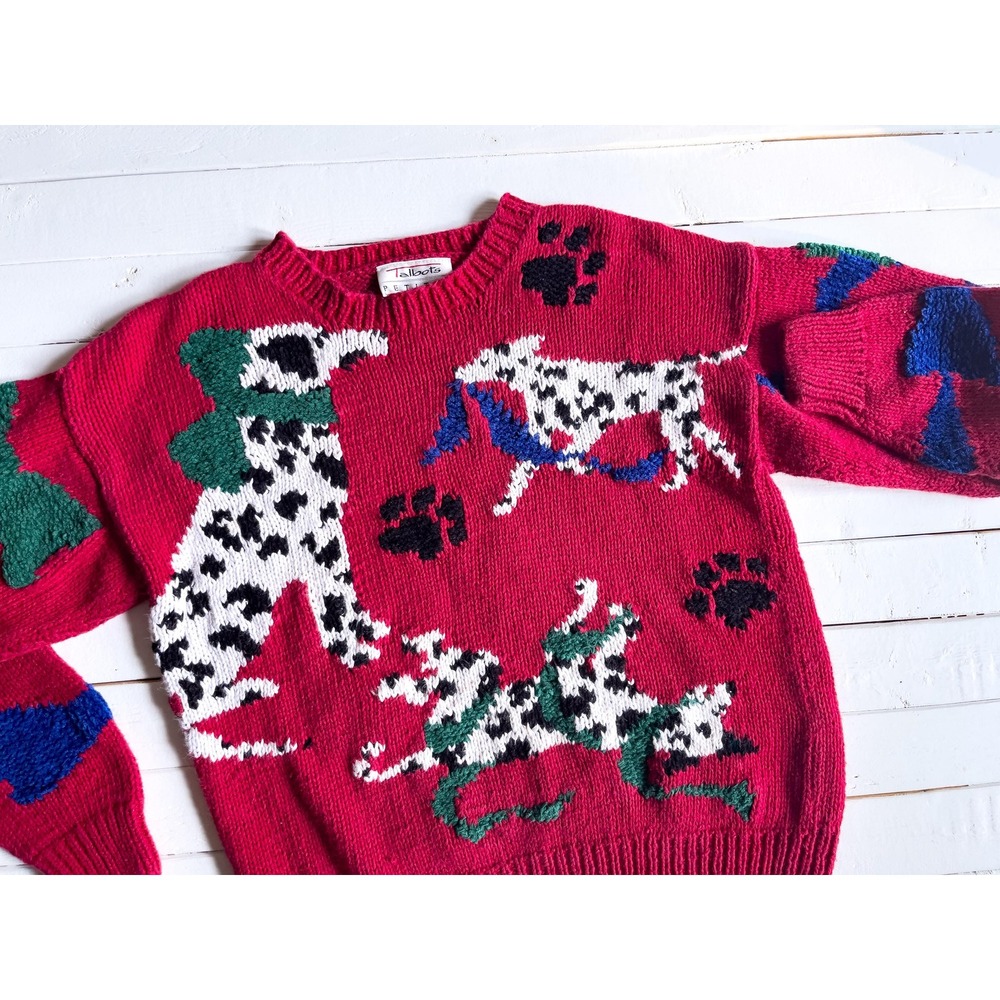 vtg Talbot's‎ red dog Dalmatian hand knit sweater size S
